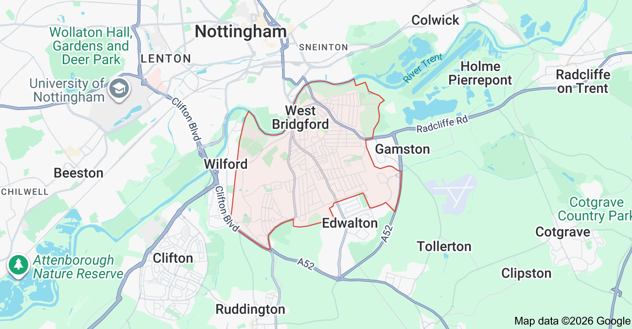 Map of West Bridgford and surrounding areas covered by PWP Driving School